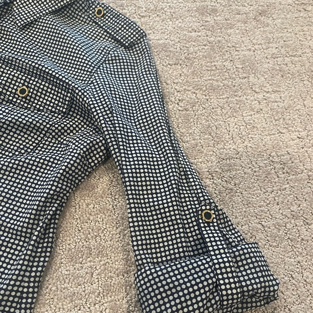 Tory Burch Navy & White Polka Dot Print Button Down Blouse, Long Sleeve, Size 6 - Picture 5 of 15